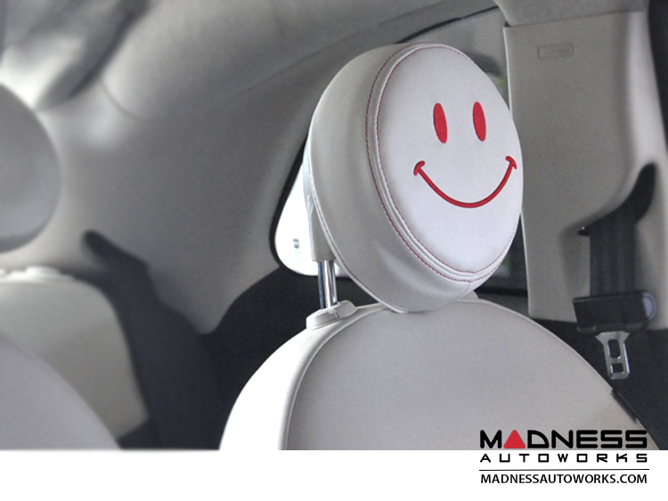 FIAT 500 Headrest Covers Ivory w/ Red Happy Face Front Set 500 MADNESS Auto Parts and